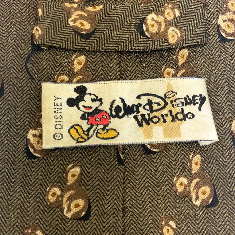 Walt Disney World Tie Silk Khaki Green Brown Men's Hand Made Mickey Head Necktie